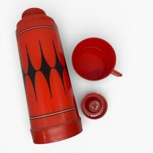 Vintage Aladdin Red Black Diamond Thermos Bottle with Cup Retro